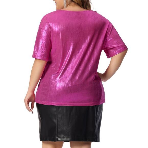 Plus Size Blouse Metallic Round Neck Short Sleeve T-Shirt Tee Tops Hot Pink - Picture 4 of 6
